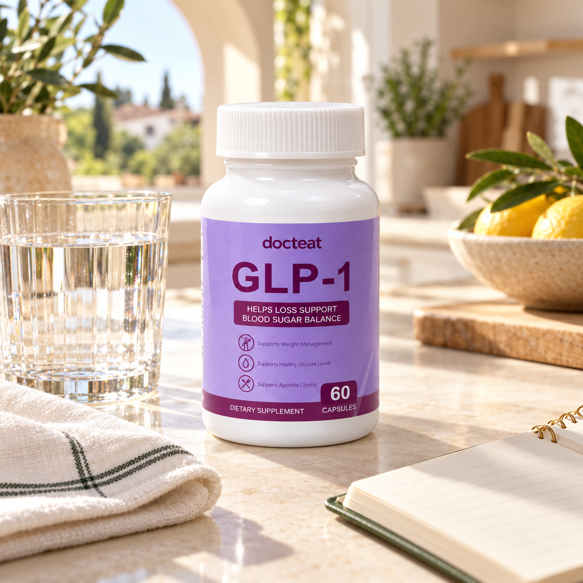 docteat GLP-1 junto a un vaso de agua